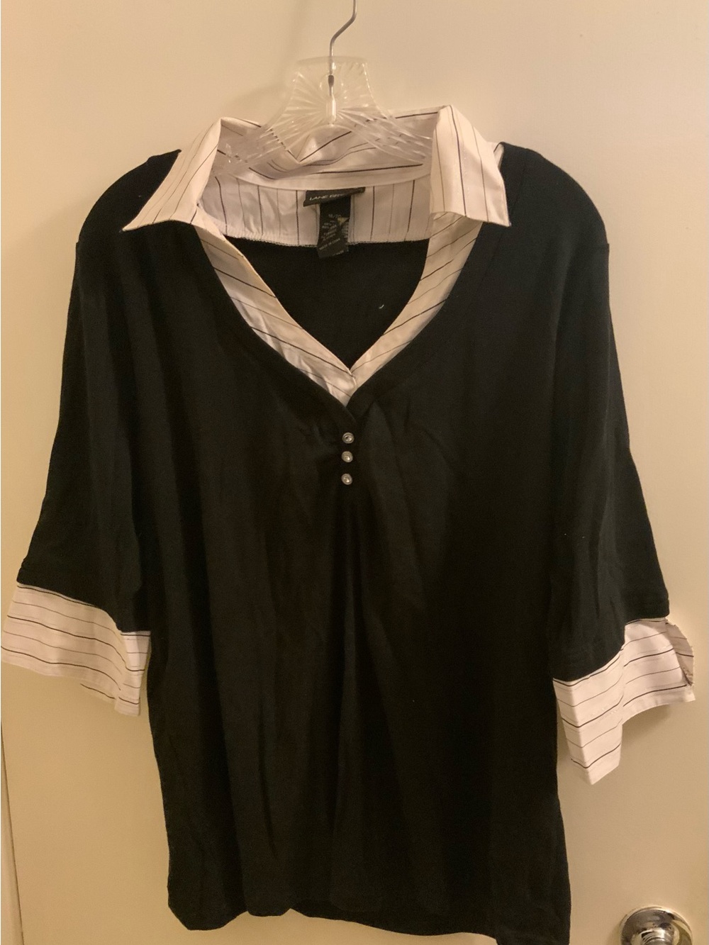 Lane Bryant Black Layered-Look Button Down Top with White Pinstripe Collar